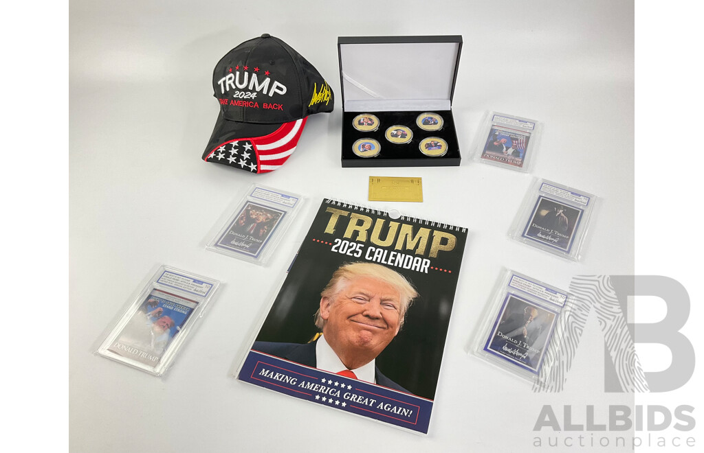 Collection of Donald J. Trump Memorabilia Including Gold Plate Coin Set, Collector Cards, Cap and Calendar