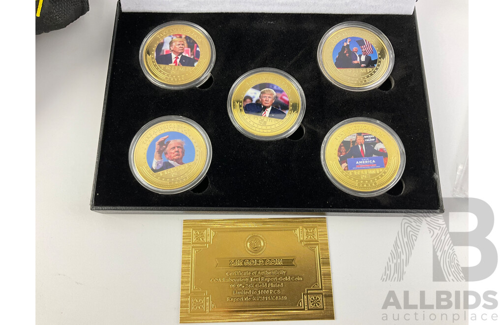 Collection of Donald J. Trump Memorabilia Including Gold Plate Coin Set, Collector Cards, Cap and Calendar