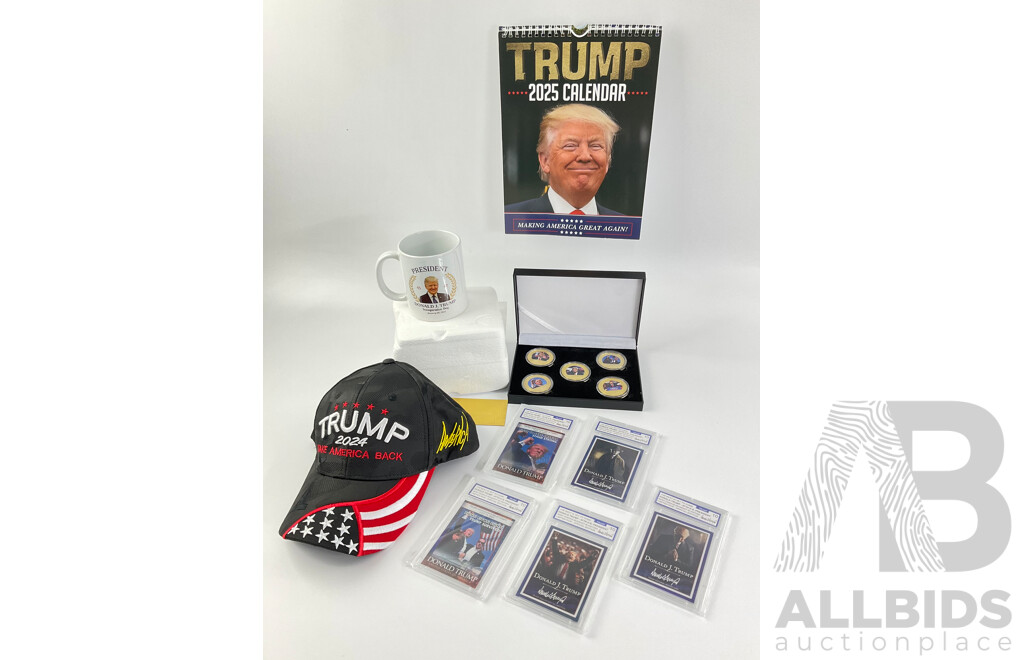 Collection of Donald J. Trump Memorabilia Including Gold Plate Coin Set, Collector Cards, Cap, Cup and Calendar