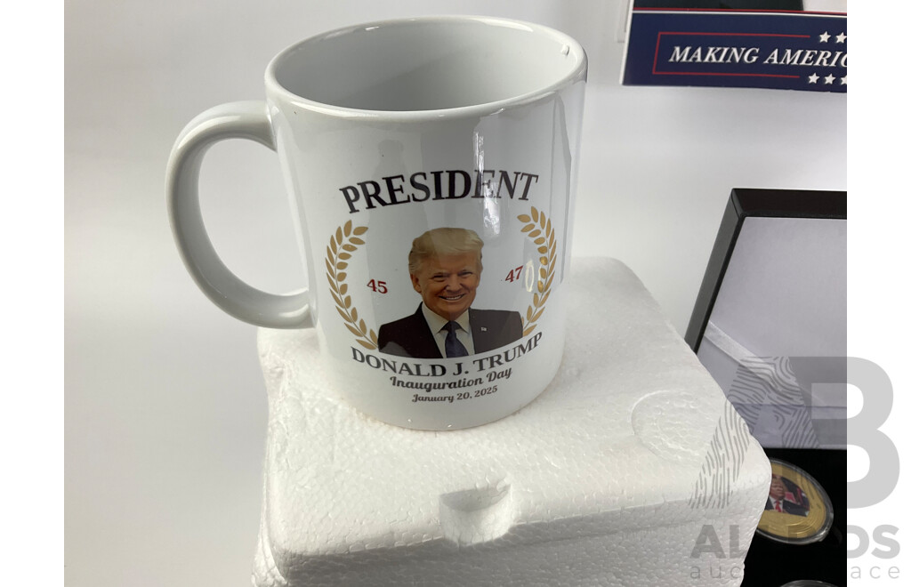 Collection of Donald J. Trump Memorabilia Including Gold Plate Coin Set, Collector Cards, Cap, Cup and Calendar