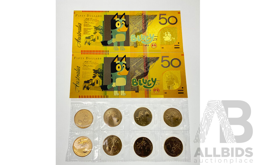 Eight Australian 2024 Commemorative One Dollar 'Bluey Buck' Coins with Two Novelty Gold Tone Bluey Fifty Dollar Notes