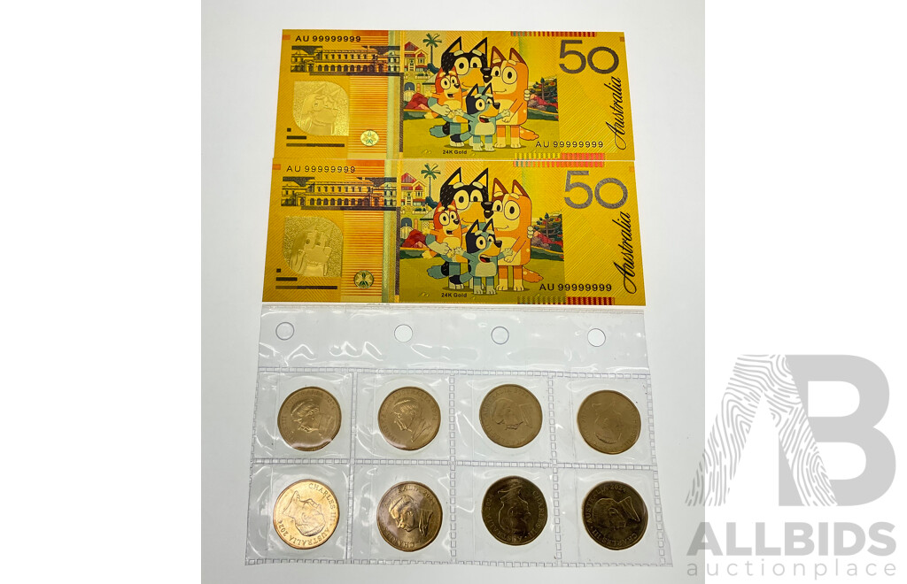 Eight Australian 2024 Commemorative One Dollar 'Bluey Buck' Coins with Two Novelty Gold Tone Bluey Fifty Dollar Notes