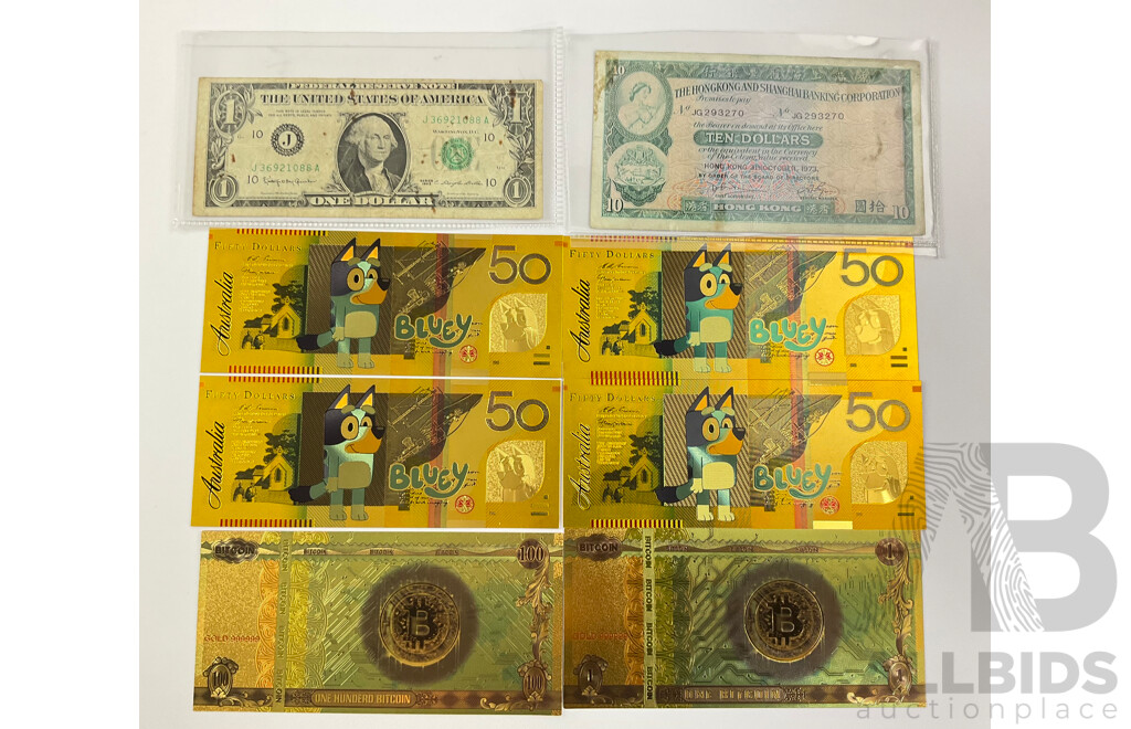 USA 1963 One Dollar Note, Hong Kong 1973 Ten Dollar Note, Novelty Bank Notes Including Fifty Bluey Buck Notes(4), One Bitcoin(2)