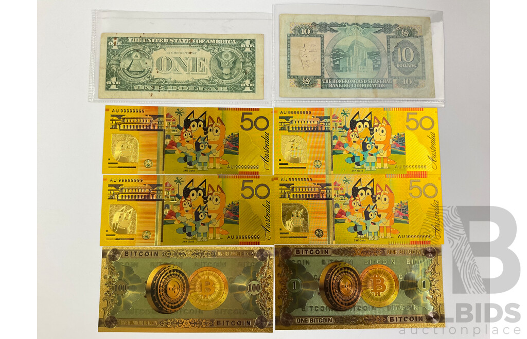 USA 1963 One Dollar Note, Hong Kong 1973 Ten Dollar Note, Novelty Bank Notes Including Fifty Bluey Buck Notes(4), One Bitcoin(2)