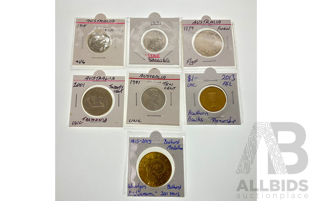 Australian Silver Predecimal Coins Including 1915 Shilling, 1921 Star Shilling, 1939 Florin, UNC Decimal Coins, 1981 Ten Cent, 2013 AFL One Dollar, 2001 Twenty Cent Tasmania, Bathurst 2015 Medallion