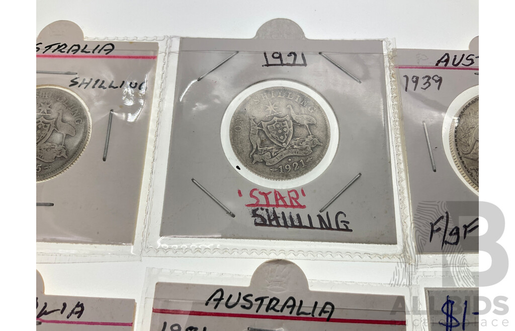 Australian Silver Predecimal Coins Including 1915 Shilling, 1921 Star Shilling, 1939 Florin, UNC Decimal Coins, 1981 Ten Cent, 2013 AFL One Dollar, 2001 Twenty Cent Tasmania, Bathurst 2015 Medallion