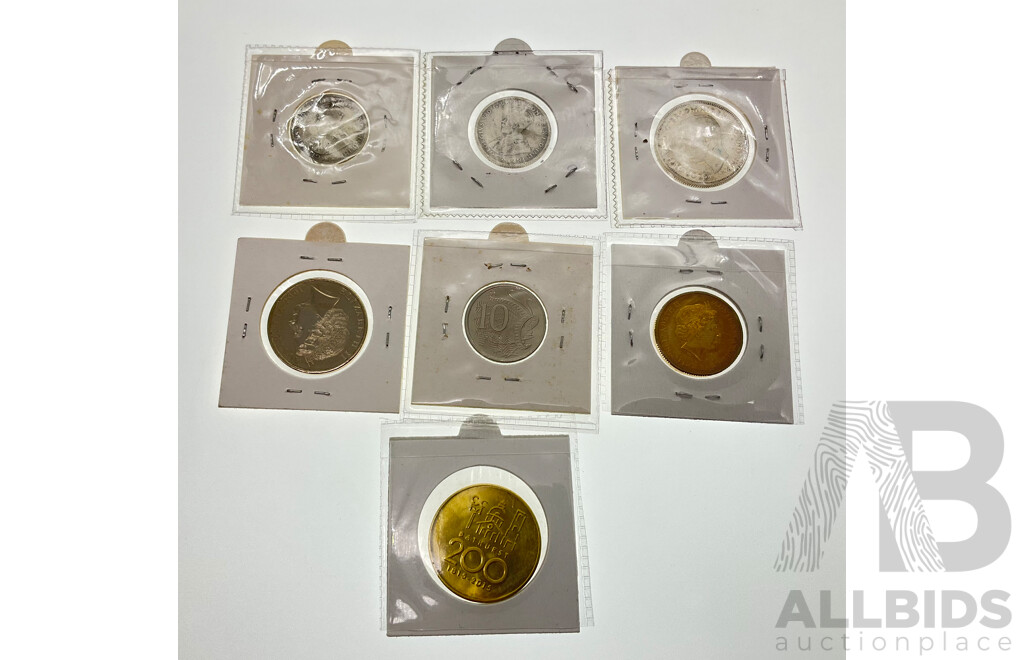 Australian Silver Predecimal Coins Including 1915 Shilling, 1921 Star Shilling, 1939 Florin, UNC Decimal Coins, 1981 Ten Cent, 2013 AFL One Dollar, 2001 Twenty Cent Tasmania, Bathurst 2015 Medallion