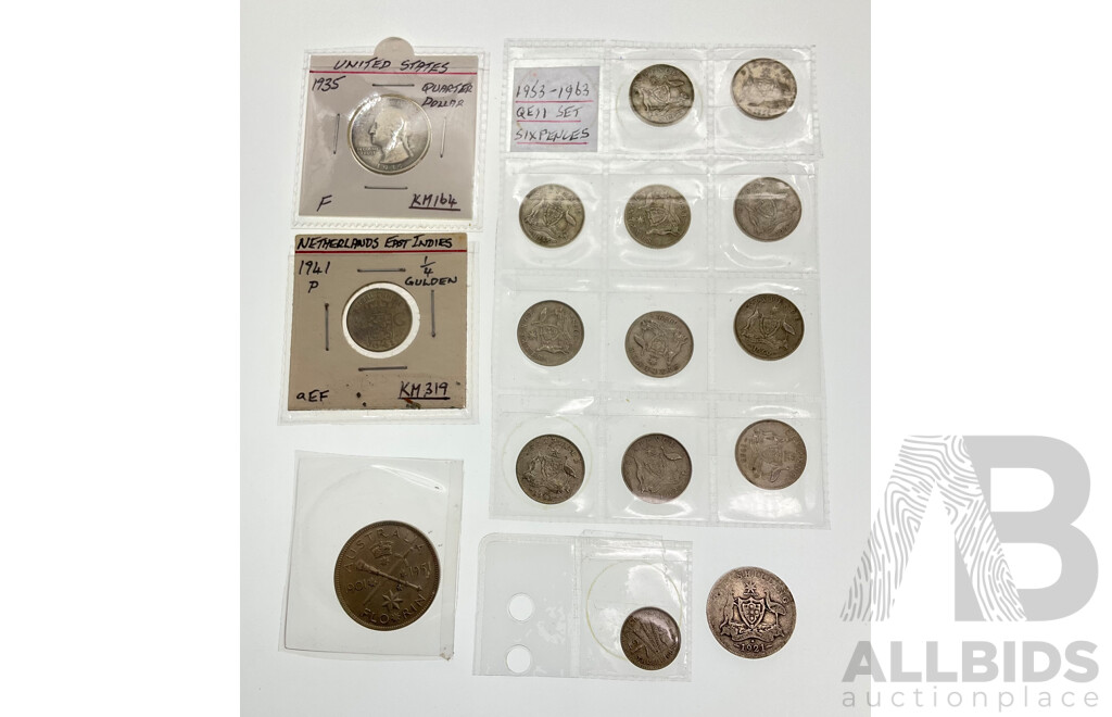 Australian Silver Predecimal Coins Including 1951 Commemorative Florin, 1921 Star Shilling, Sixpence Consecutive 1953 to 1963, USA 1935 Silver Quarter(.900) Italy Silver Five Lira(.900) East Indies 1941 Silver Quarter Gulden(.720)