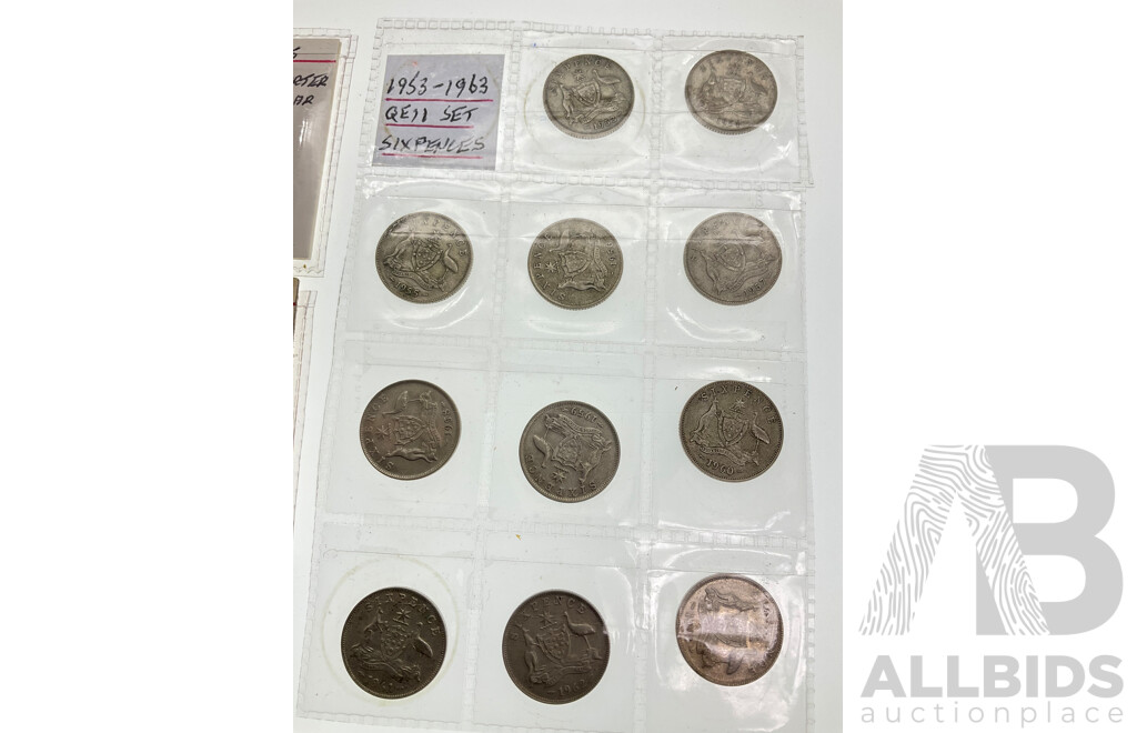 Australian Silver Predecimal Coins Including 1951 Commemorative Florin, 1921 Star Shilling, Sixpence Consecutive 1953 to 1963, USA 1935 Silver Quarter(.900) Italy Silver Five Lira(.900) East Indies 1941 Silver Quarter Gulden(.720)