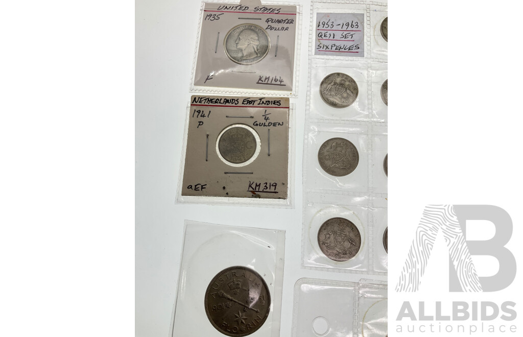 Australian Silver Predecimal Coins Including 1951 Commemorative Florin, 1921 Star Shilling, Sixpence Consecutive 1953 to 1963, USA 1935 Silver Quarter(.900) Italy Silver Five Lira(.900) East Indies 1941 Silver Quarter Gulden(.720)