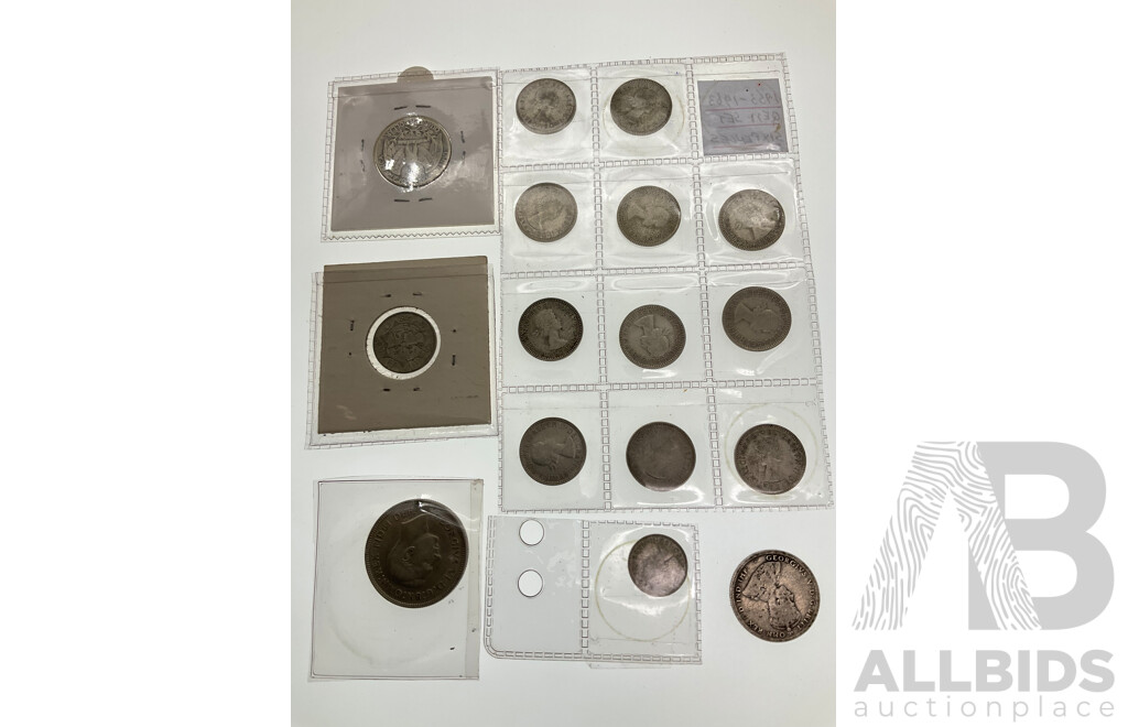 Australian Silver Predecimal Coins Including 1951 Commemorative Florin, 1921 Star Shilling, Sixpence Consecutive 1953 to 1963, USA 1935 Silver Quarter(.900) Italy Silver Five Lira(.900) East Indies 1941 Silver Quarter Gulden(.720)