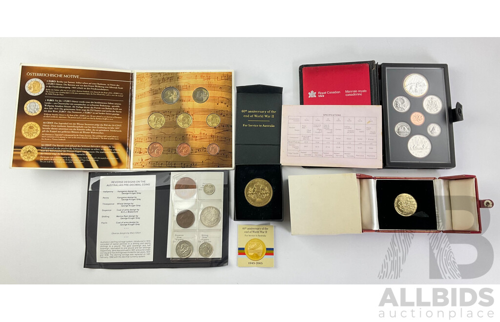 Australian 1959 Coin Set, 1988 First State Medallion, DVA 60th Anniversary WW2 End Medallion, Canada 1980 UNC Coin Set, Austrian 2003 UNC Coin Set