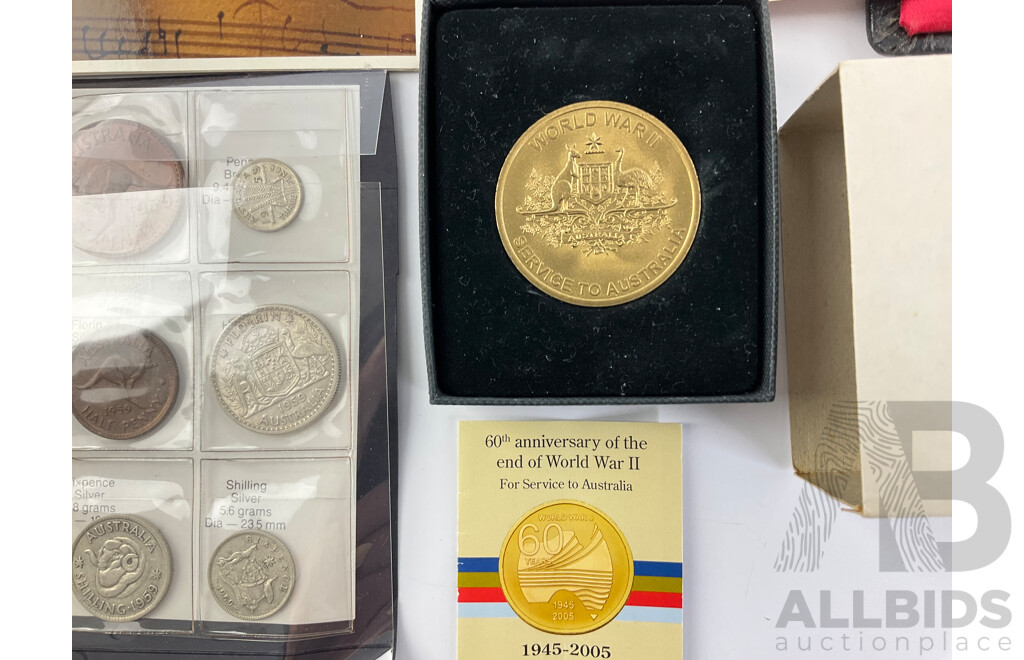 Australian 1959 Coin Set, 1988 First State Medallion, DVA 60th Anniversary WW2 End Medallion, Canada 1980 UNC Coin Set, Austrian 2003 UNC Coin Set