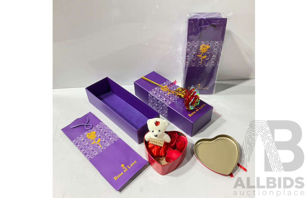 Two Boxed Roses with Carry Bags and Love Heart Tin