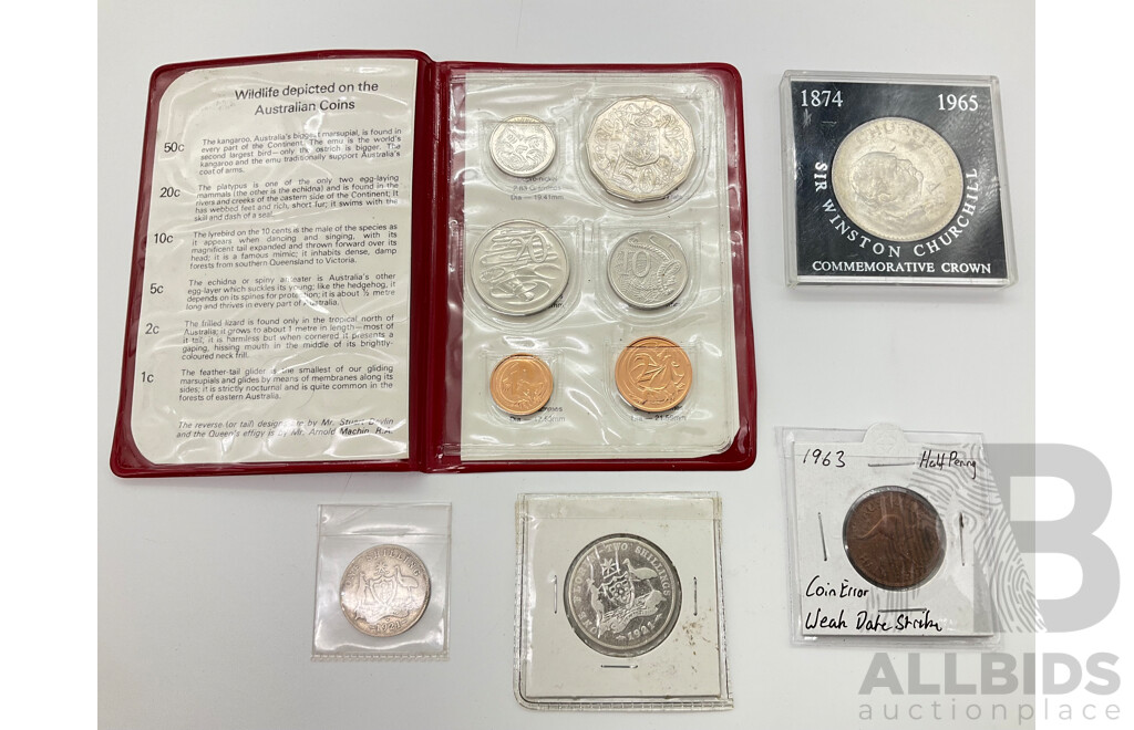 Australian RAM 1981 UNC Set, 1921 Star One Shilling, and Two Shilling, 1963 Half Penny Weak Date Strike, United Kingdom 1965 Commemorative Crown, Winston Churchill