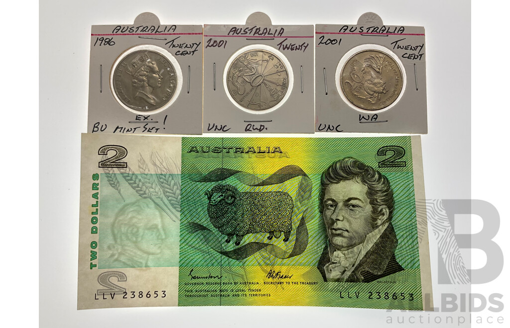 Australian 1985 Two Dollar Note Jonston/Fraser, Commemorative Twenty Cent Coins 2001 Western Australia and Queensland with 1986 UNC