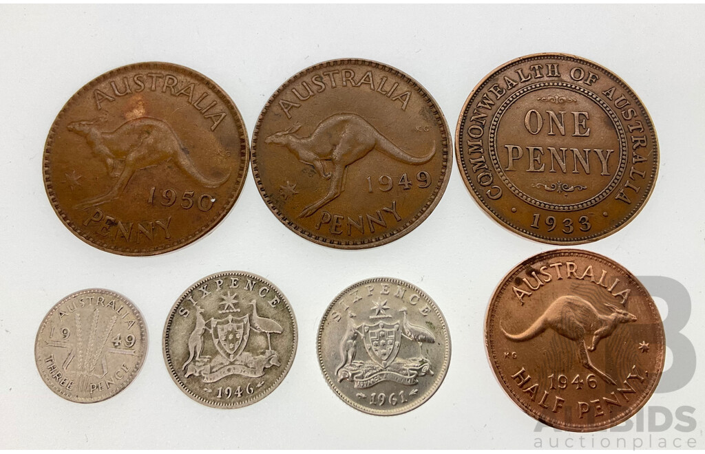 Australian 1949 Silver Threepence with Die Crack in 'P' 1950 Penny Doubling in 19, 1961 Sixpence with Obverse Die Crack