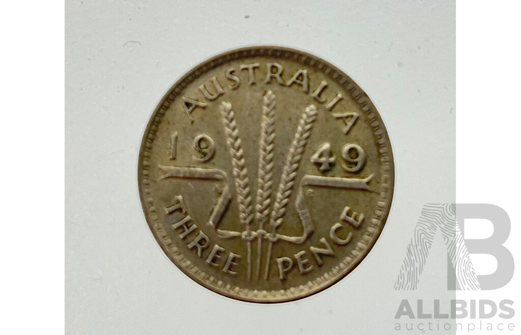 Australian 1949 Silver Threepence with Die Crack in 'P' 1950 Penny Doubling in 19, 1961 Sixpence with Obverse Die Crack