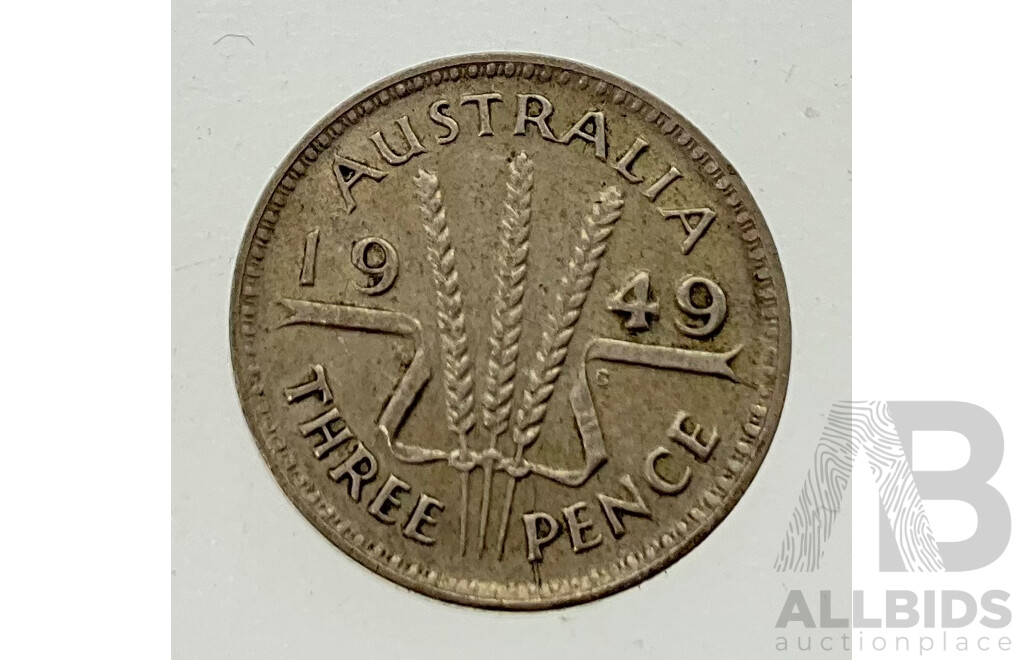 Australian 1949 Silver Threepence with Die Crack in 'P' 1950 Penny Doubling in 19, 1961 Sixpence with Obverse Die Crack