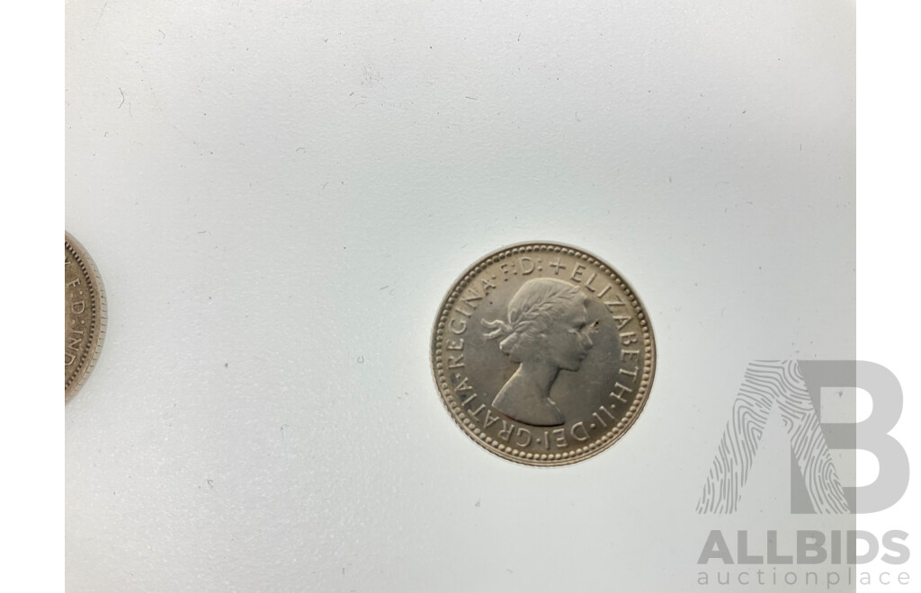 Australian 1949 Silver Threepence with Die Crack in 'P' 1950 Penny Doubling in 19, 1961 Sixpence with Obverse Die Crack