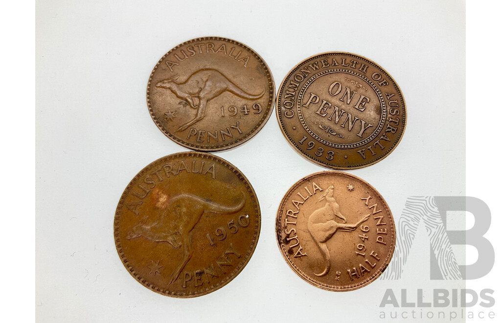 Australian 1949 Silver Threepence with Die Crack in 'P' 1950 Penny Doubling in 19, 1961 Sixpence with Obverse Die Crack