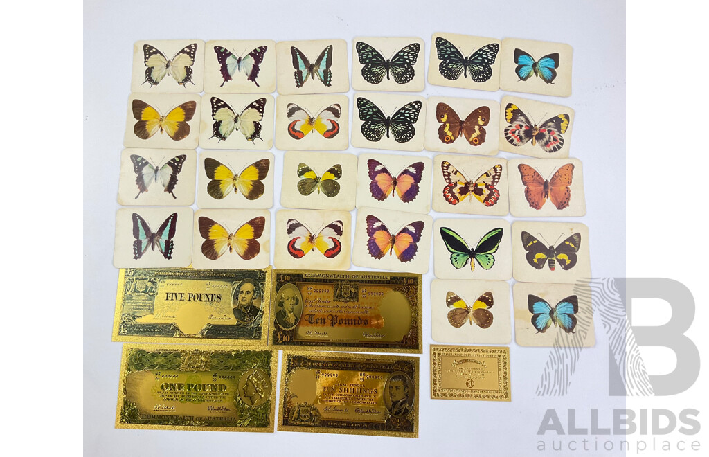 Australian 24 Carat Gold Foil Predecimal Bank Notes with Twenty Six 1965 Vita Brits Butterflies of Australia Cards