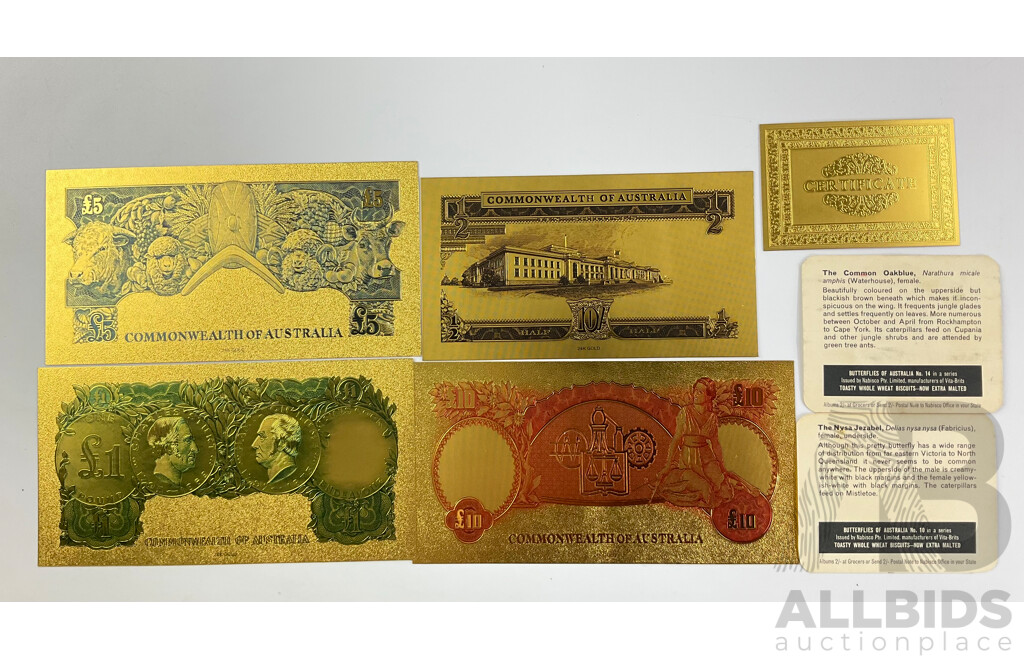 Australian 24 Carat Gold Foil Predecimal Bank Notes with Twenty Six 1965 Vita Brits Butterflies of Australia Cards