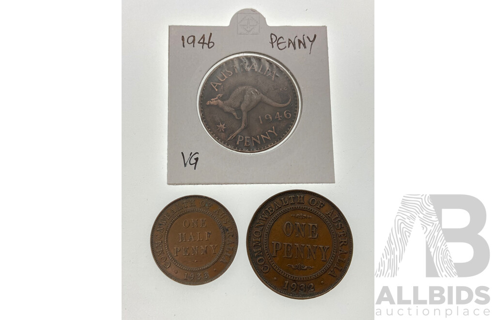 Australian 1946 and 1932 Penny, 1933 Half Penny