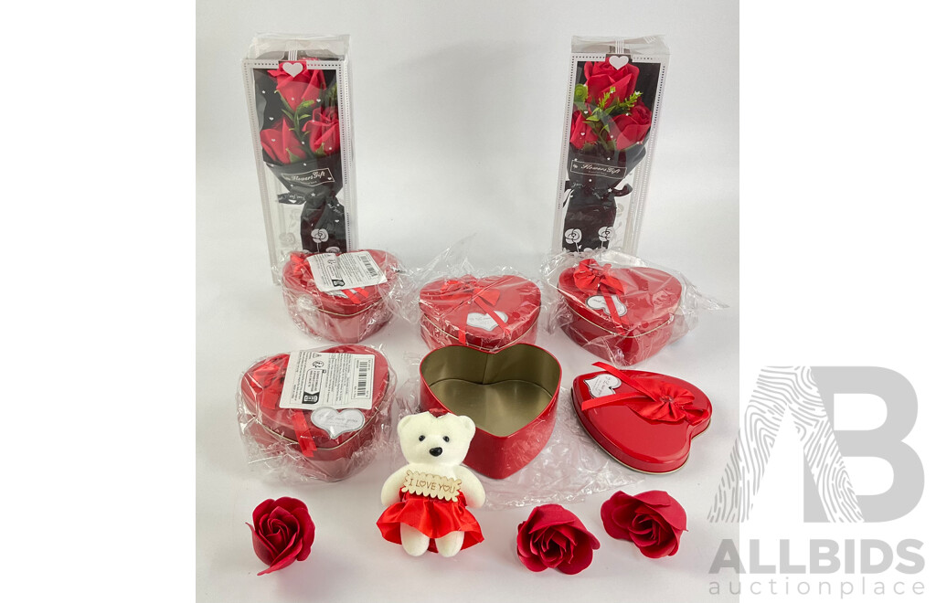 Five Love Heart Tins Containing Teddy Bears with Boxed Artificial Flowers