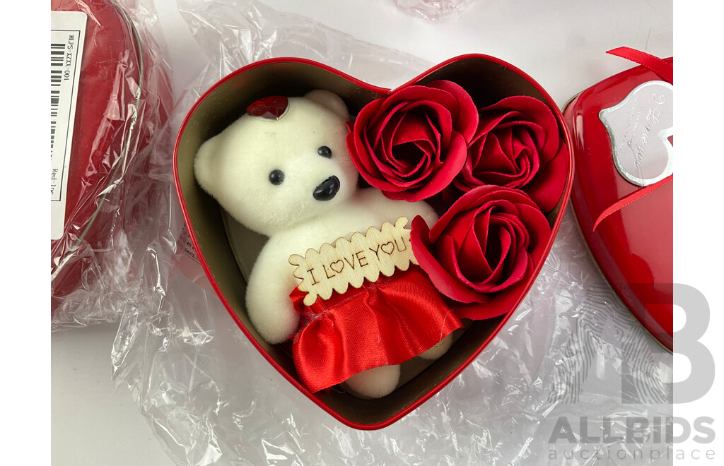 Five Love Heart Tins Containing Teddy Bears with Boxed Artificial Flowers