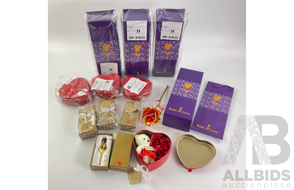 Four Lots of Love Heart Tins Containing Teddy Bears, Boxed Gold and Red Tone Flowers and Boxed Glass Roses with Gold Tone Stem