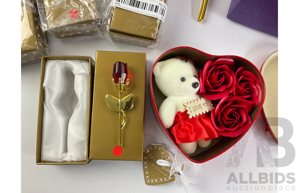 Four Lots of Love Heart Tins Containing Teddy Bears, Boxed Gold and Red Tone Flowers and Boxed Glass Roses with Gold Tone Stem