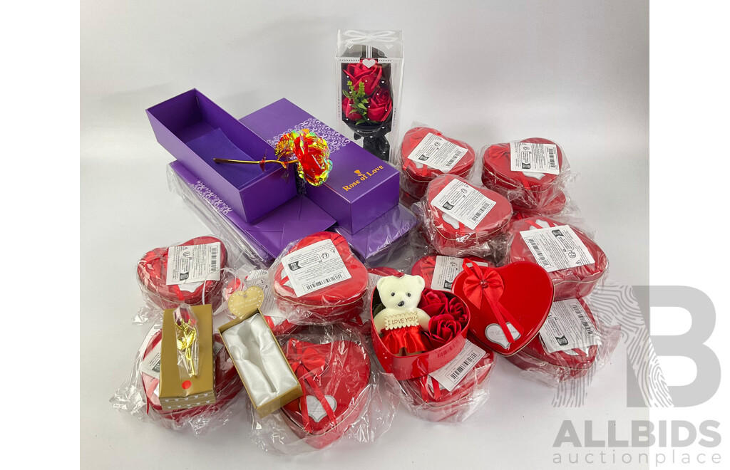 Eighteen Love Heart Tins Containing Teddy Bears, Boxed Artificial Flowers and Glass Rose with Gold Tone Stem