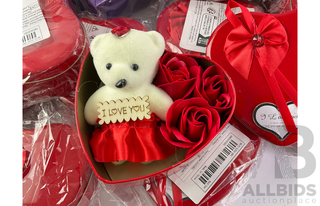 Eighteen Love Heart Tins Containing Teddy Bears, Boxed Artificial Flowers and Glass Rose with Gold Tone Stem