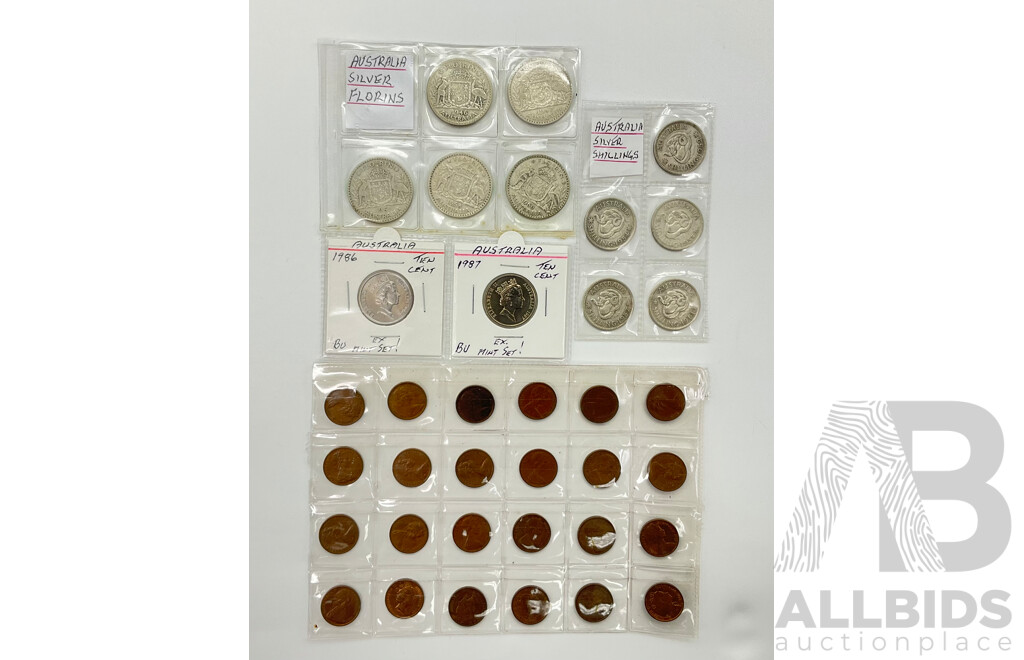 Australian Predecimal Silver Coins Including Five Post 1945 Florins and Shillings, Ten Cents 1986, 1987 UNC Coins, One Cent Coins Consecutive 1966 to 1990 Except for 1986