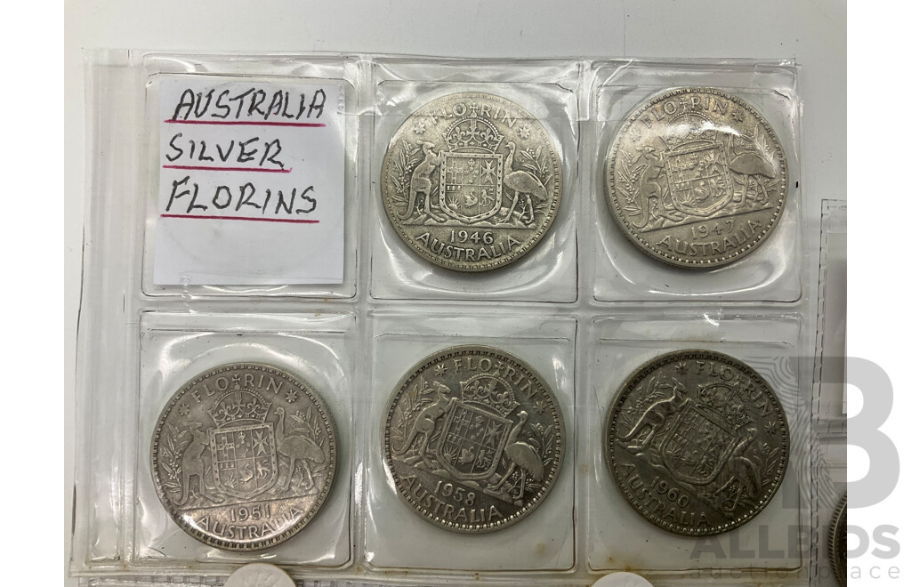 Australian Predecimal Silver Coins Including Five Post 1945 Florins and Shillings, Ten Cents 1986, 1987 UNC Coins, One Cent Coins Consecutive 1966 to 1990 Except for 1986