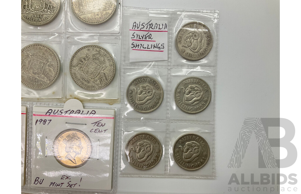 Australian Predecimal Silver Coins Including Five Post 1945 Florins and Shillings, Ten Cents 1986, 1987 UNC Coins, One Cent Coins Consecutive 1966 to 1990 Except for 1986