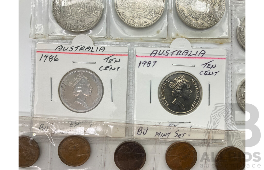 Australian Predecimal Silver Coins Including Five Post 1945 Florins and Shillings, Ten Cents 1986, 1987 UNC Coins, One Cent Coins Consecutive 1966 to 1990 Except for 1986