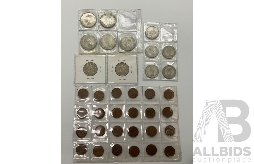 Australian Predecimal Silver Coins Including Five Post 1945 Florins and Shillings, Ten Cents 1986, 1987 UNC Coins, One Cent Coins Consecutive 1966 to 1990 Except for 1986