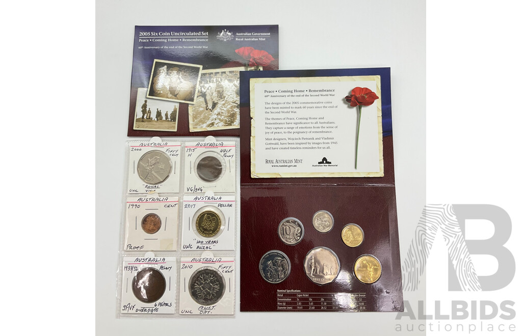 Australian Half Penny 1915H, Penny 1932/33 Over Date, 2005 UNC Six Coin Set Commemorative Fifty Cents 2010 Australia Day and 2000 Royal Visit, One Dollar 2017 One Hundred Years ANZAC