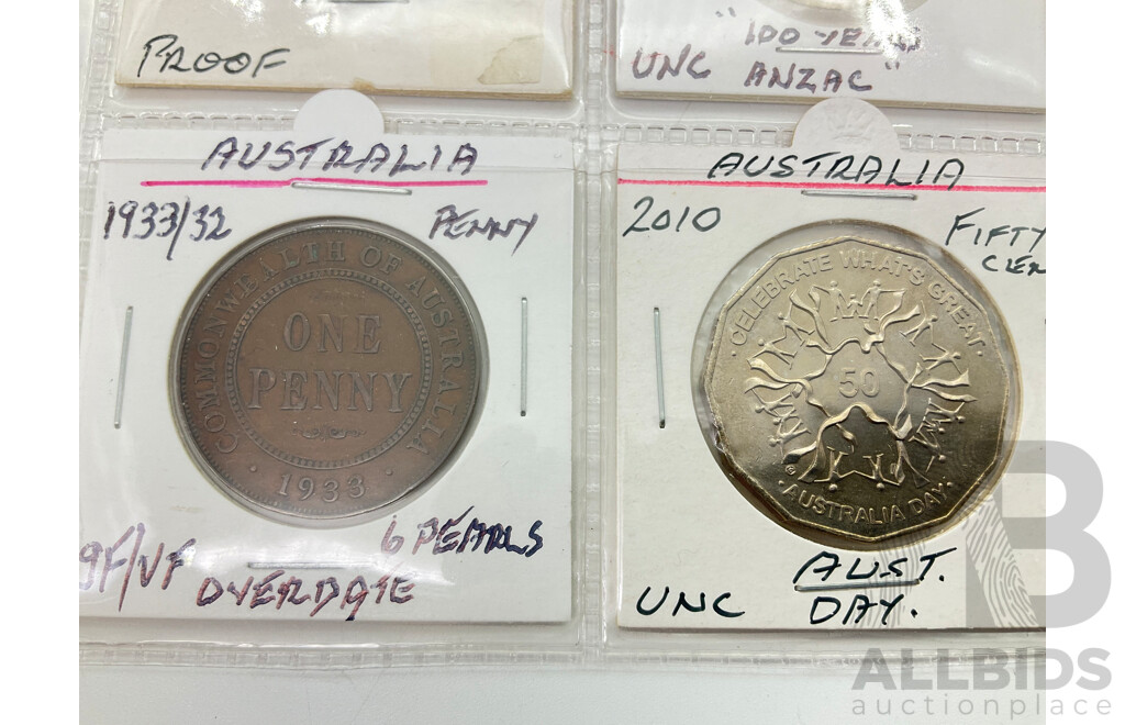 Australian Half Penny 1915H, Penny 1932/33 Over Date, 2005 UNC Six Coin Set Commemorative Fifty Cents 2010 Australia Day and 2000 Royal Visit, One Dollar 2017 One Hundred Years ANZAC
