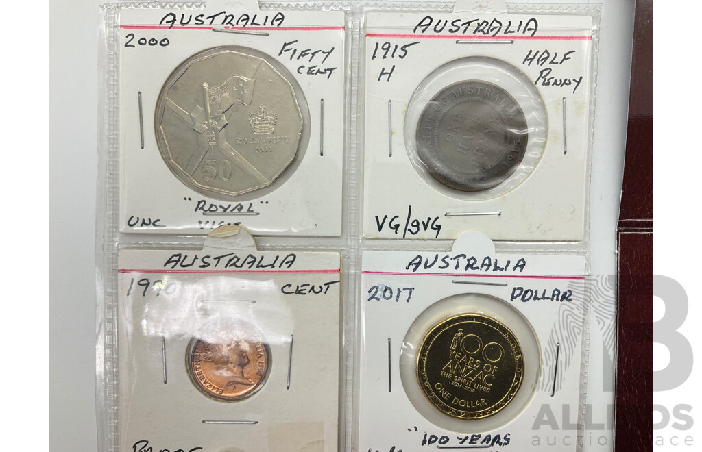 Australian Half Penny 1915H, Penny 1932/33 Over Date, 2005 UNC Six Coin Set Commemorative Fifty Cents 2010 Australia Day and 2000 Royal Visit, One Dollar 2017 One Hundred Years ANZAC