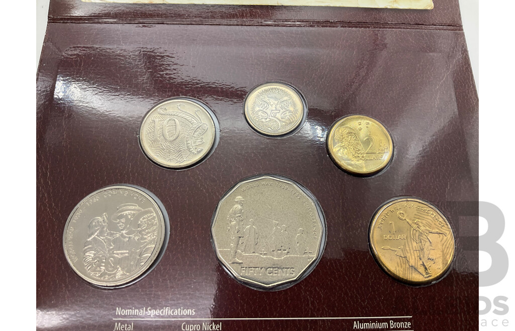 Australian Half Penny 1915H, Penny 1932/33 Over Date, 2005 UNC Six Coin Set Commemorative Fifty Cents 2010 Australia Day and 2000 Royal Visit, One Dollar 2017 One Hundred Years ANZAC