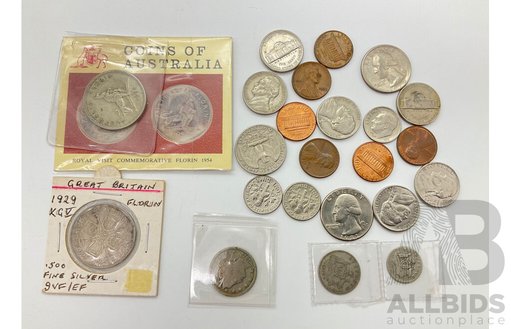 Australian 1954 Florin, Royal Visit with Vintage Vita-Brits Card, 1910 Sixpence and Threepence, UK 1929 KGV Silver Florin, USA 1912 V Nickel and Assorted Coins