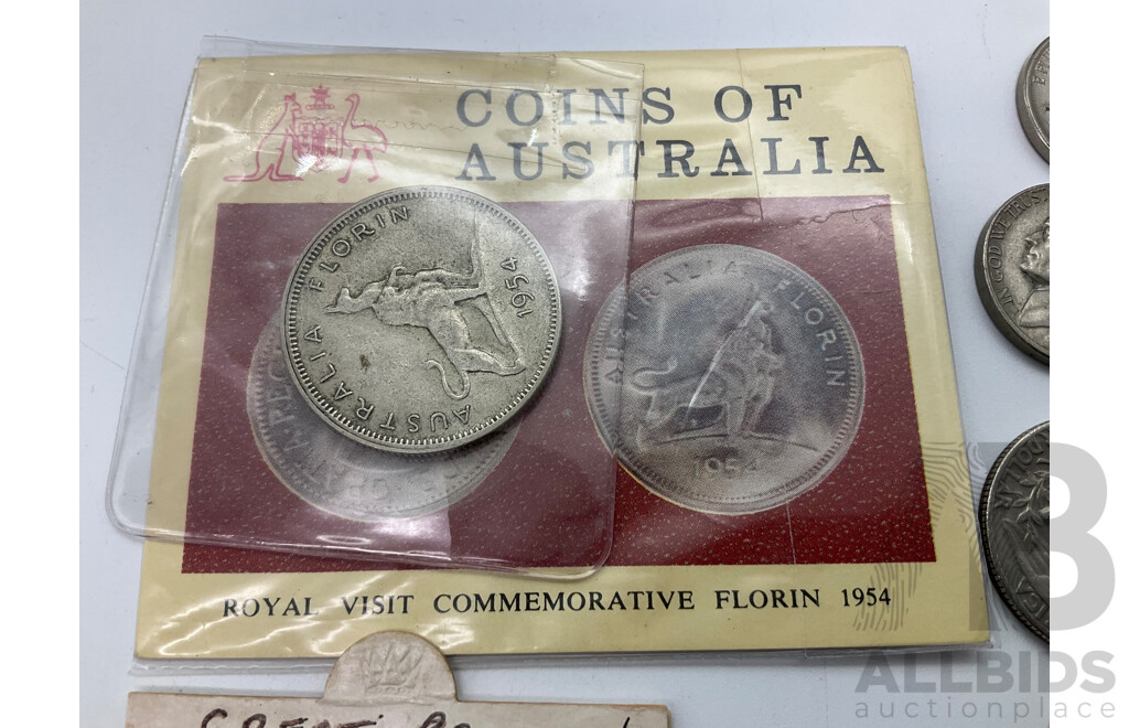 Australian 1954 Florin, Royal Visit with Vintage Vita-Brits Card, 1910 Sixpence and Threepence, UK 1929 KGV Silver Florin, USA 1912 V Nickel and Assorted Coins