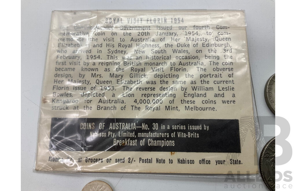 Australian 1954 Florin, Royal Visit with Vintage Vita-Brits Card, 1910 Sixpence and Threepence, UK 1929 KGV Silver Florin, USA 1912 V Nickel and Assorted Coins