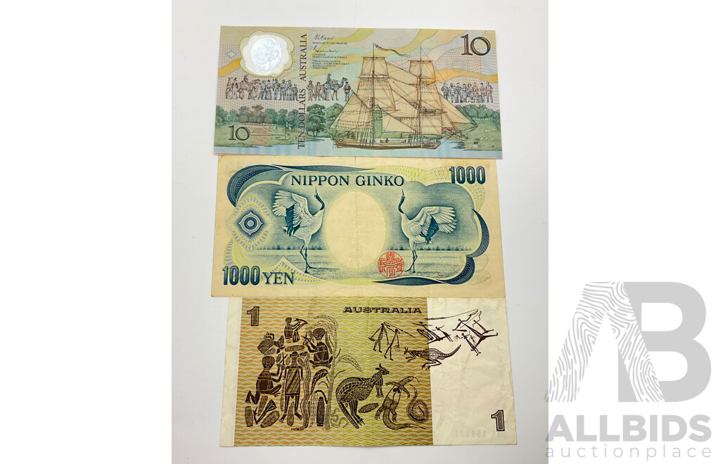 Australian 1988 Ten Dollar Note, Bicentennial AB 11842483, 1979 One Dollar Note Knight/Stone, Japan 1000 Yen Note