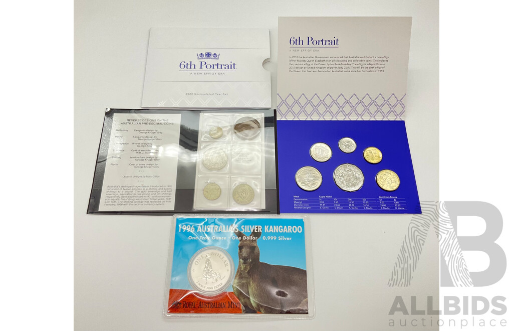 Australian 1996 Silver One Dollar, Australia's Silver Kangaroo, 2020 Six UNC Coin Set, 6th Portrait and 1957 Coin Set