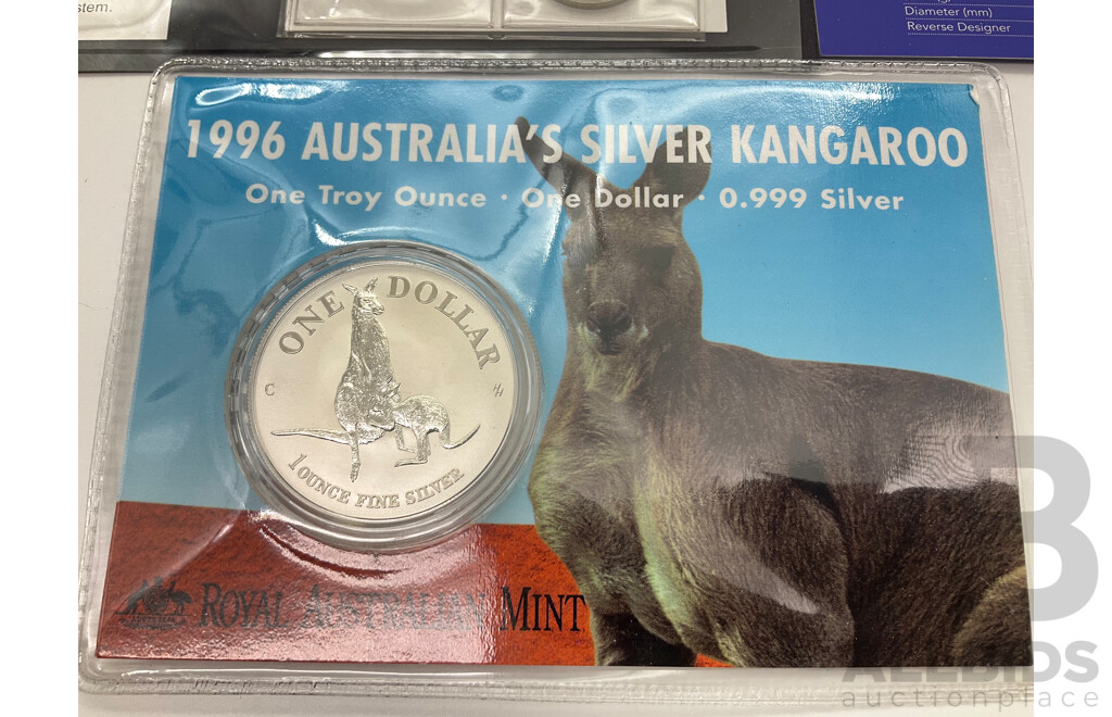 Australian 1996 Silver One Dollar, Australia's Silver Kangaroo, 2020 Six UNC Coin Set, 6th Portrait and 1957 Coin Set