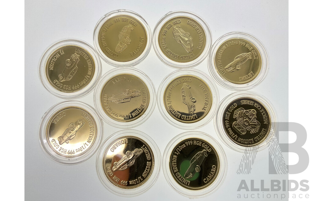 Commemorative Classic/Muscle Car Coins Including Torana SLR 5000, XU1, Camaro, FJ Holden, Corvette, Shelby, Cobra, Falcon GT, Monaro, 1957 Chevy